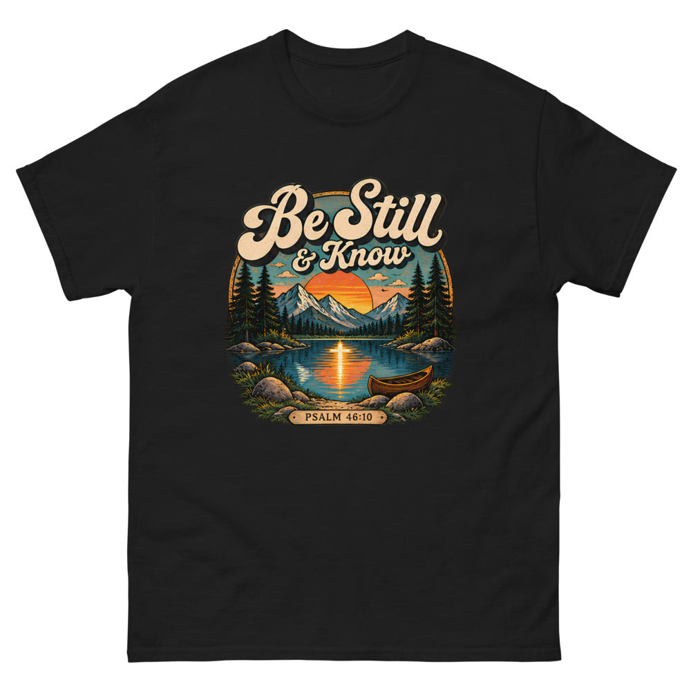 Be Still And Know Retro Lake T-Shirt | colour: Black