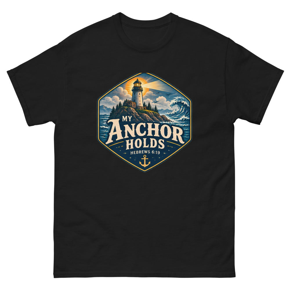 My Anchor Holds Lighthouse Badge T-Shirt | colour: Black
