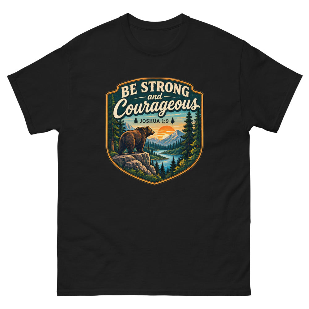 Be Strong And Courageous Bear Badge T-Shirt | colour: Black