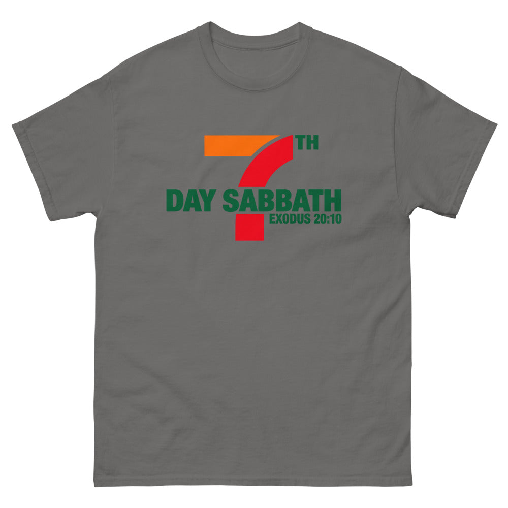 Orange red and green sign parody reading 7th Day Sabbath, Exodus 20:10 on a Charcoal shirt