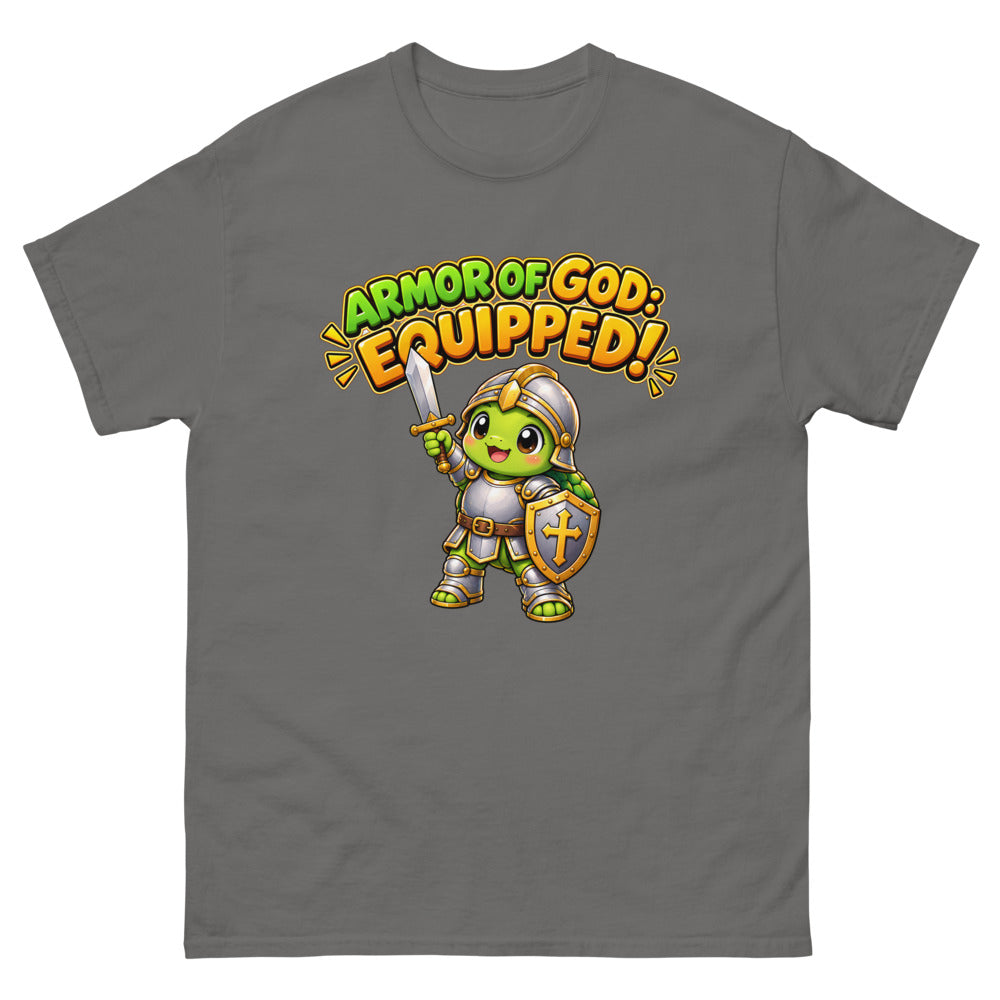 Cartoon turtle in knight armor with sword and shield and the words Armor Of God Equipped on a Charcoal shirt