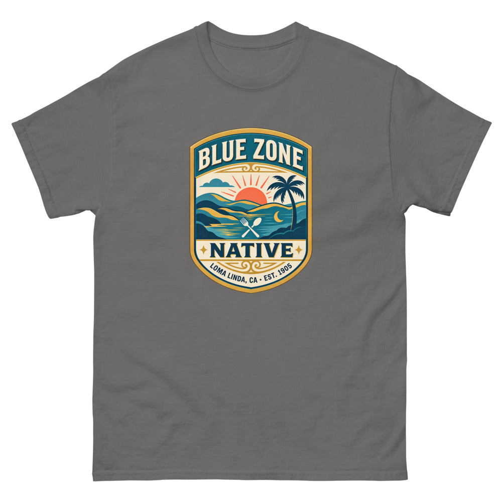 Vintage badge with a sunset and palm tree reading Blue Zone Native, Loma Linda CA on a Charcoal shirt