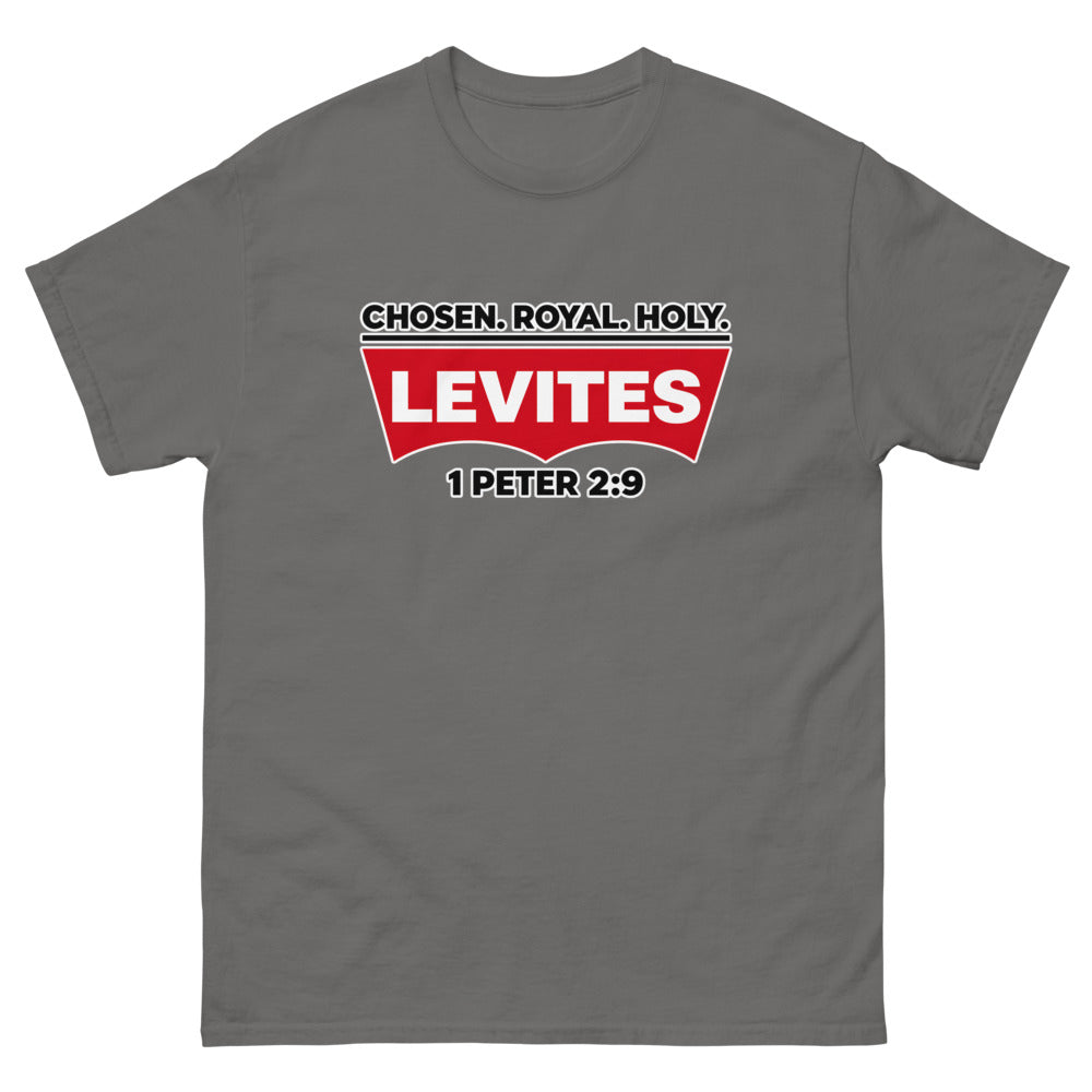 Red batwing patch reading Levites with Chosen Royal Holy and 1 Peter 2:9 on a Charcoal shirt