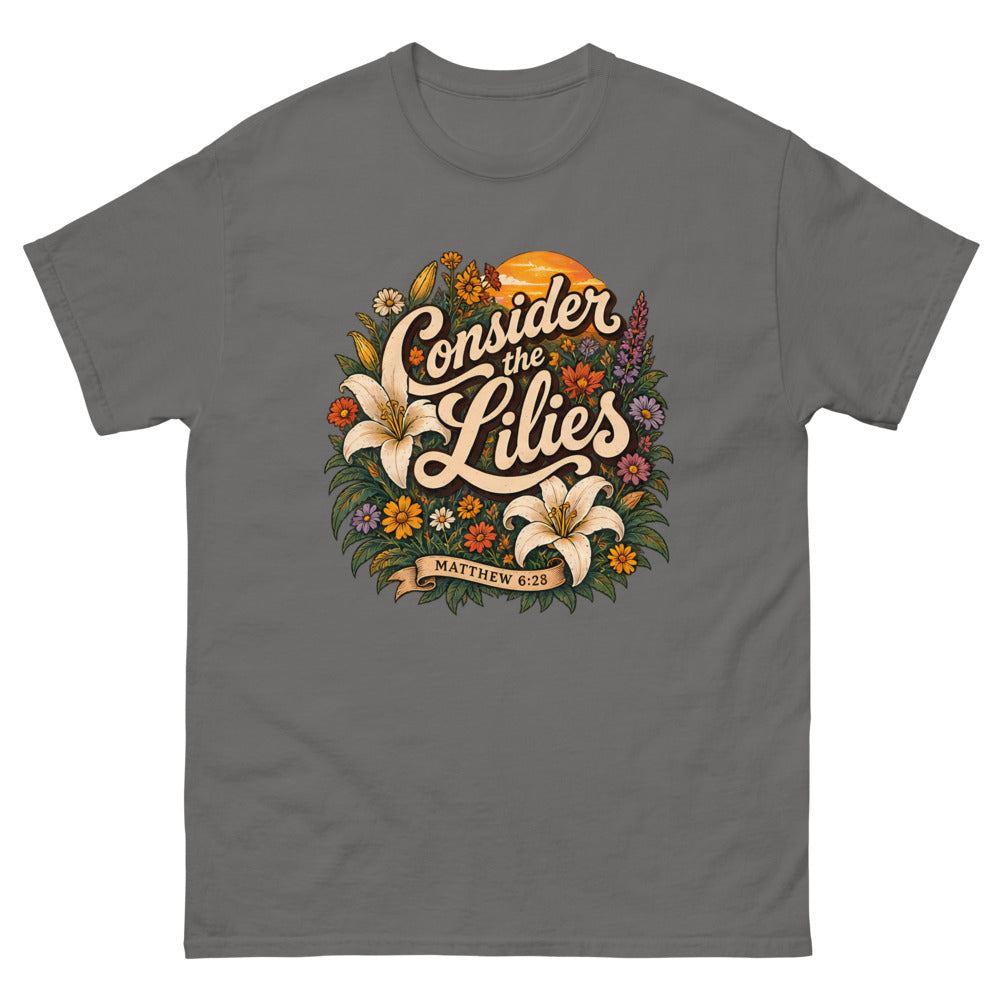 Retro floral illustration with lilies reading Consider The Lilies on a Charcoal shirt