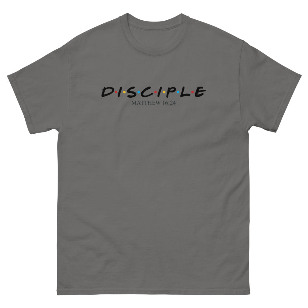 Sitcom style title lettering with coloured dots reading Disciple, Matthew 16:24 on a Charcoal shirt
