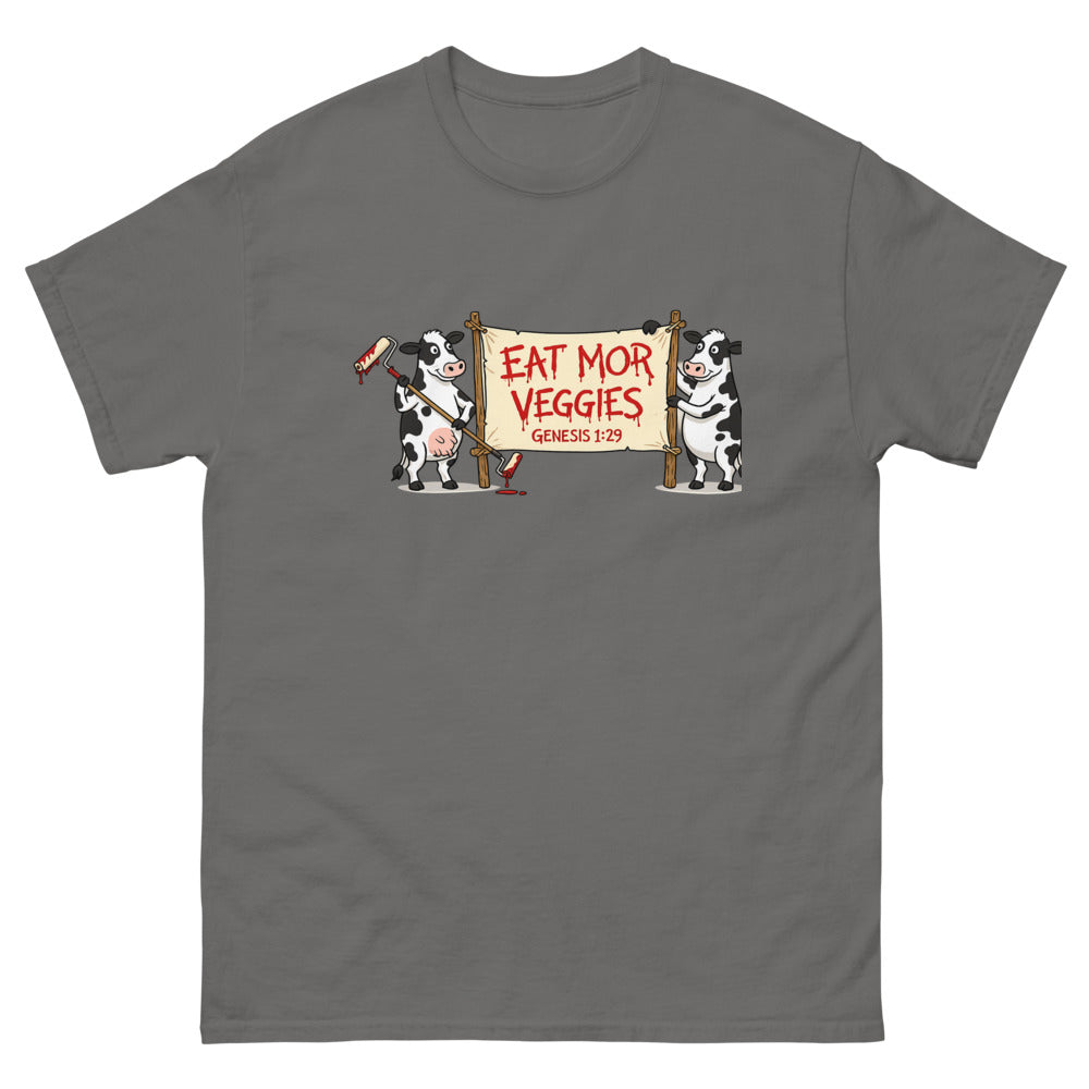 Two cartoon cows holding a banner reading Eat Mor Veggies, Genesis 1:29 on a Charcoal shirt