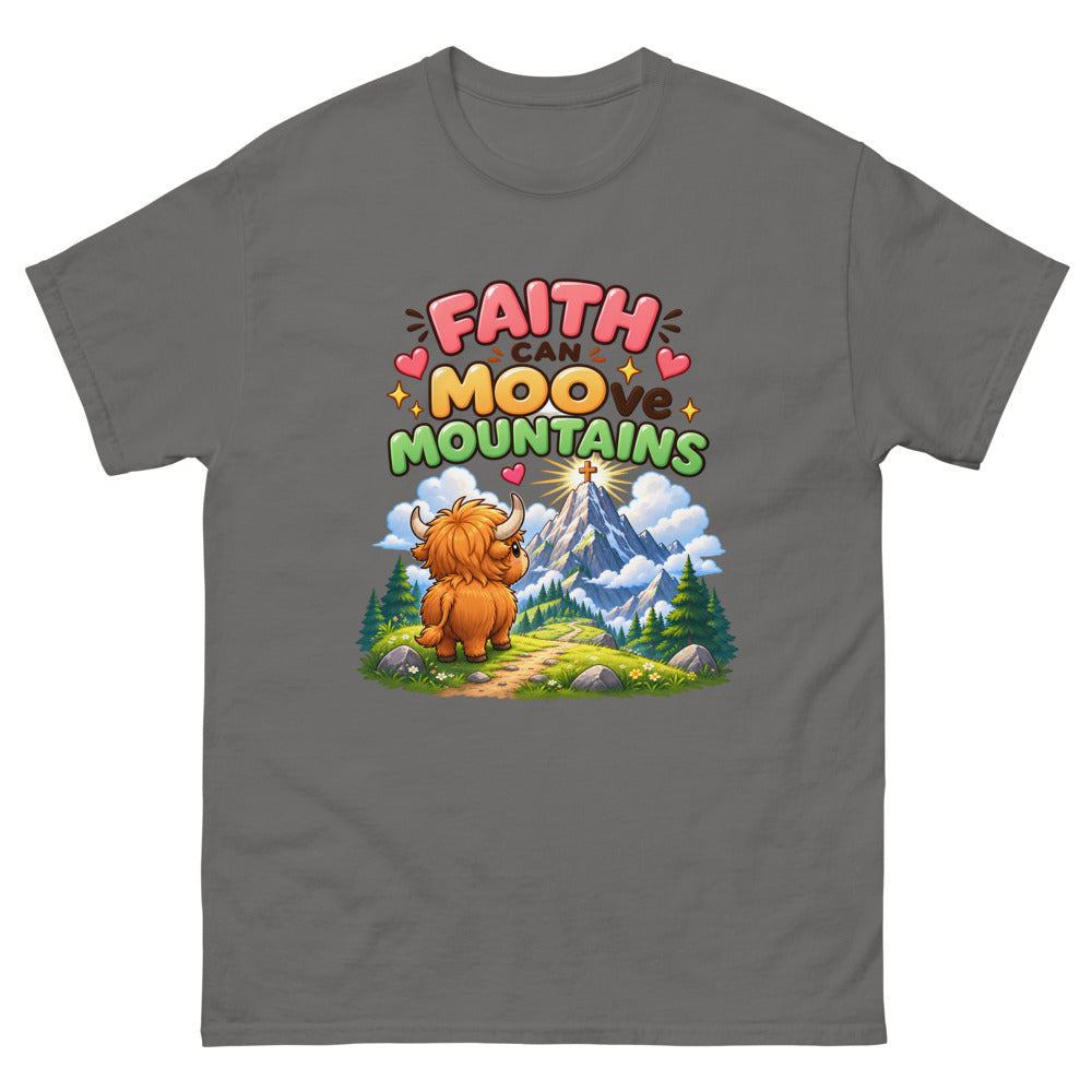 Cartoon highland cow looking at a mountain with the words Faith Can Moo-ve Mountains on a Charcoal shirt