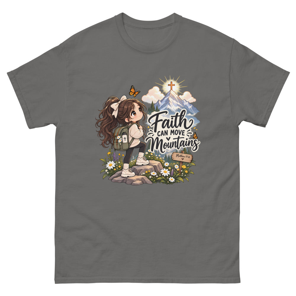 Chibi hiker girl looking at a mountain with a cross and the words Faith Can Move Mountains on a Charcoal shirt