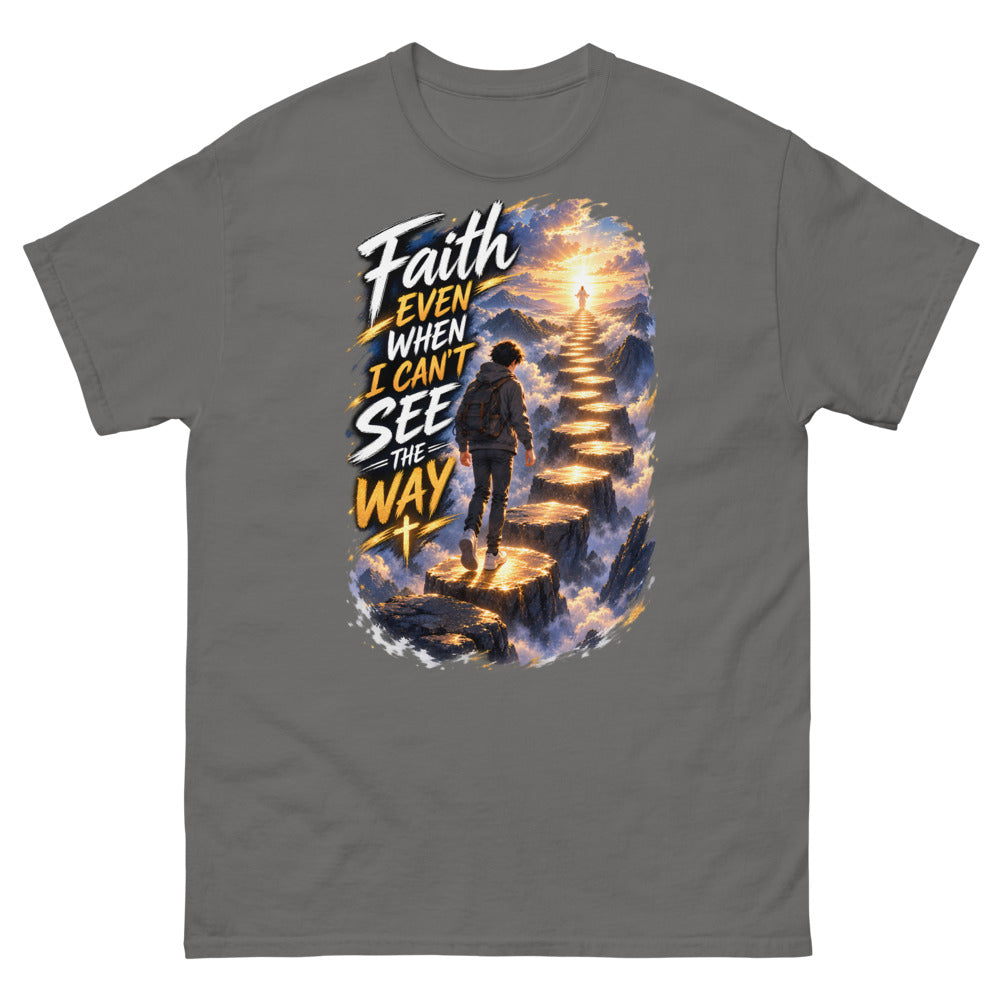 Anime boy climbing a glowing stairway in the clouds with the words Faith Even When I Can't See The Way on a Charcoal shirt