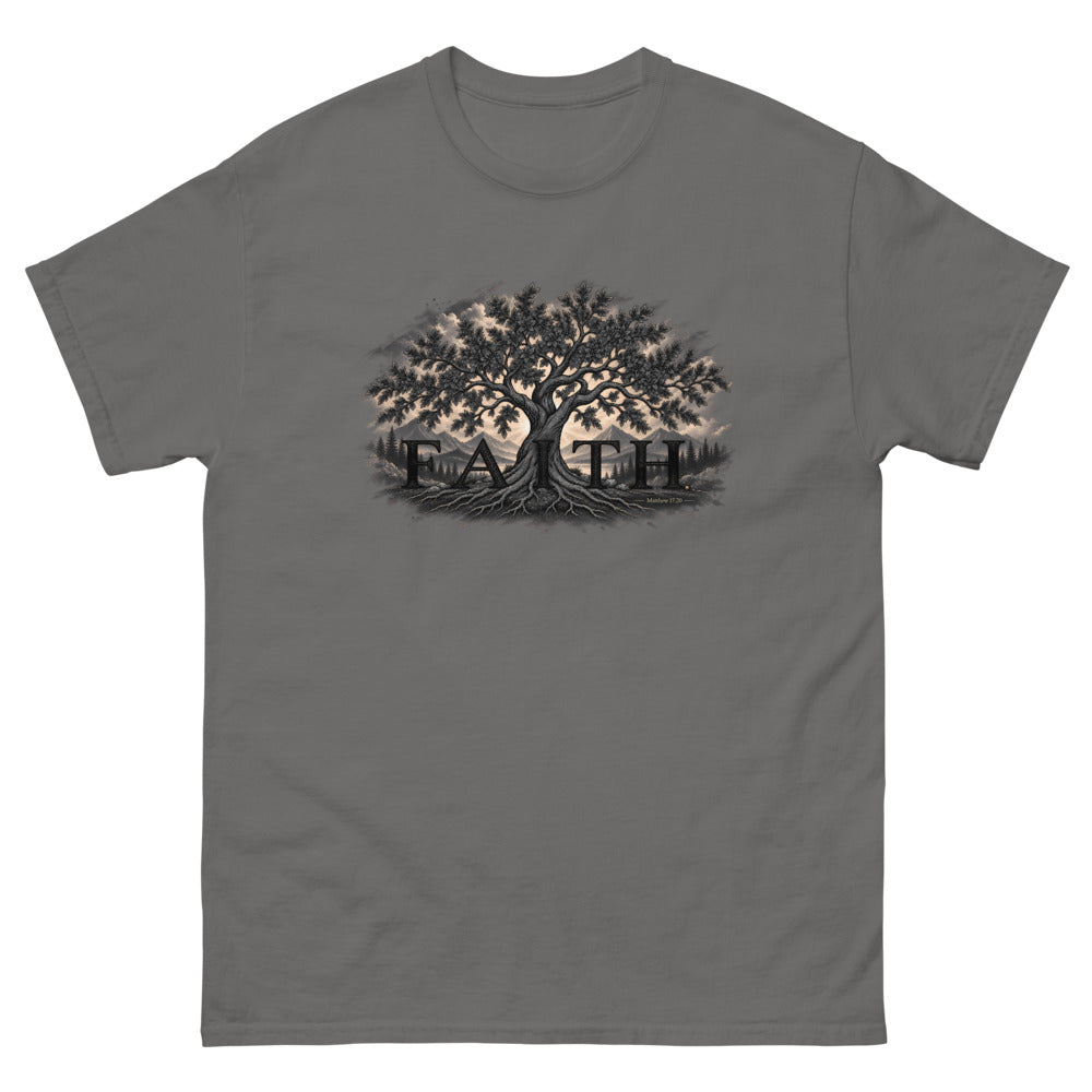 Engraved tree growing through the word Faith with Matthew 17:20 on a Charcoal shirt