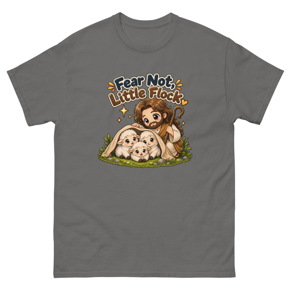 Chibi Jesus tucking a blanket around three sheep with the words Fear Not Little Flock on a Charcoal shirt