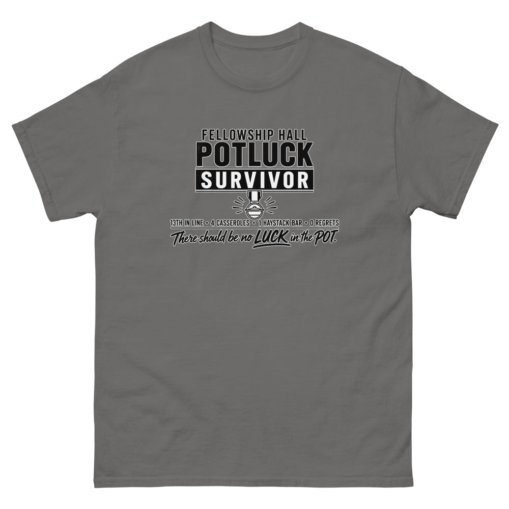 Military style badge reading Fellowship Hall Potluck Survivor with a medal on a Charcoal shirt