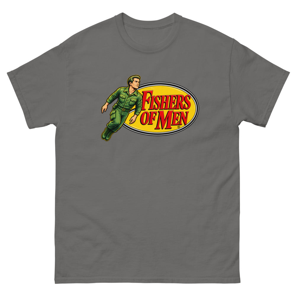 Action figure toy logo parody with a figure leaping from a yellow oval reading Fishers of Men on a Charcoal shirt