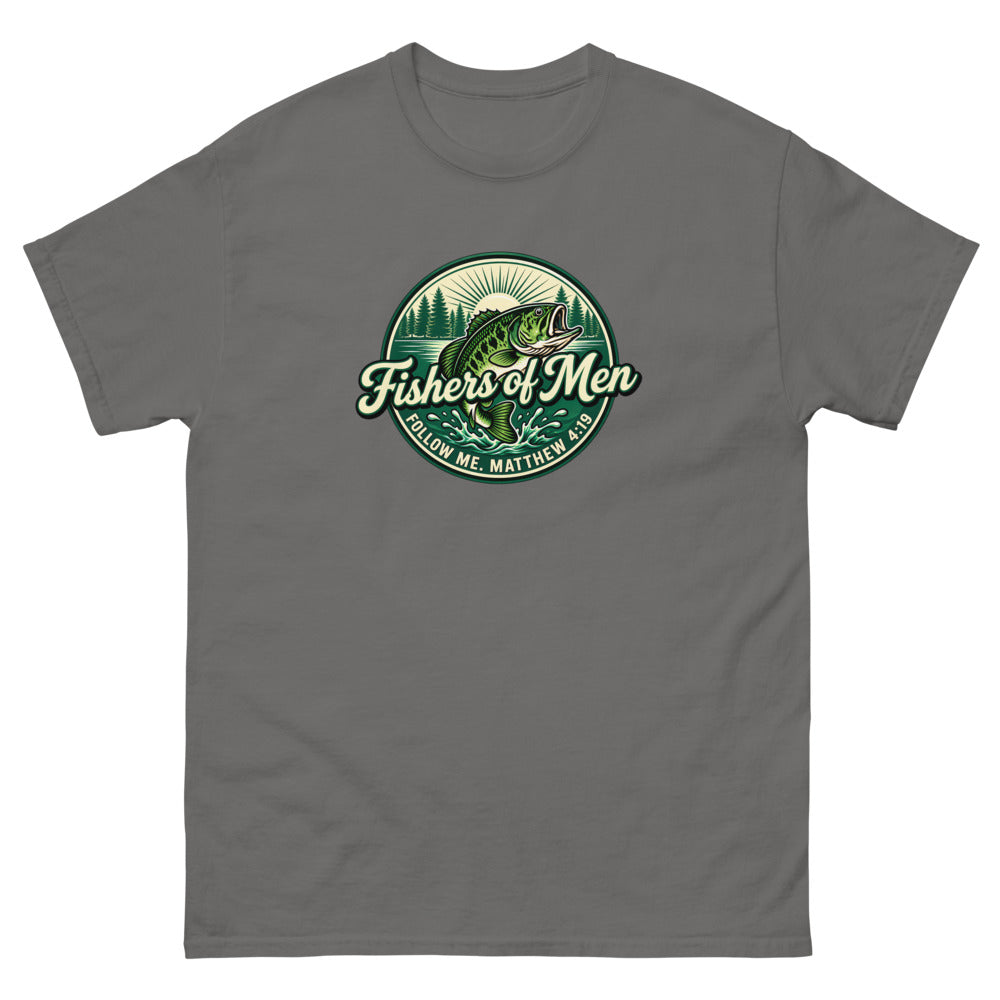 Green circular badge with a leaping bass reading Fishers of Men, Matthew 4:19 on a Charcoal shirt