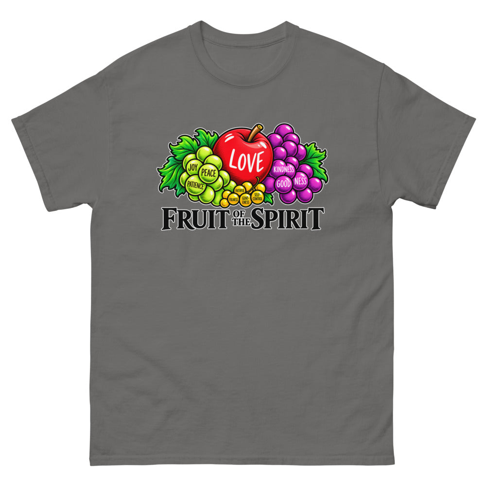 Illustrated fruit labelled with the fruit of the spirit under the words Fruit Of The Spirit on a Charcoal shirt