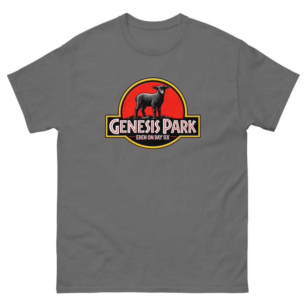 Movie logo parody with a lamb silhouette reading Genesis Park, Eden On Day Six on a Charcoal shirt