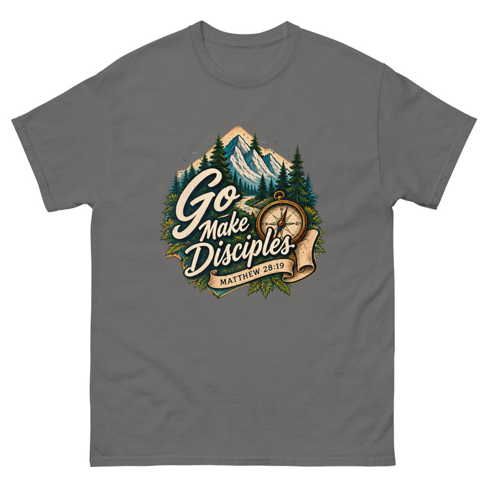 Compass over a mountain trail badge reading Go Make Disciples on a Charcoal shirt