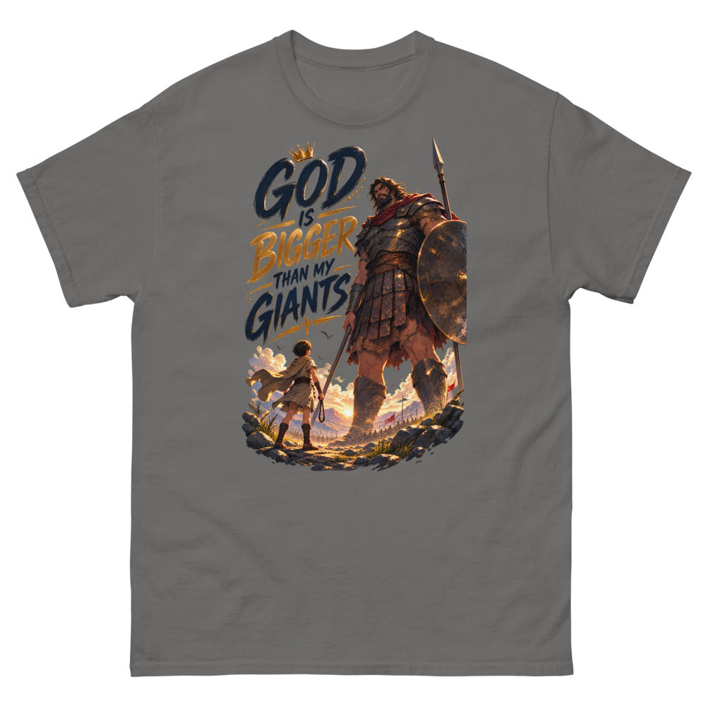 Anime David facing Goliath with the words God Is Bigger Than My Giants on a Charcoal shirt