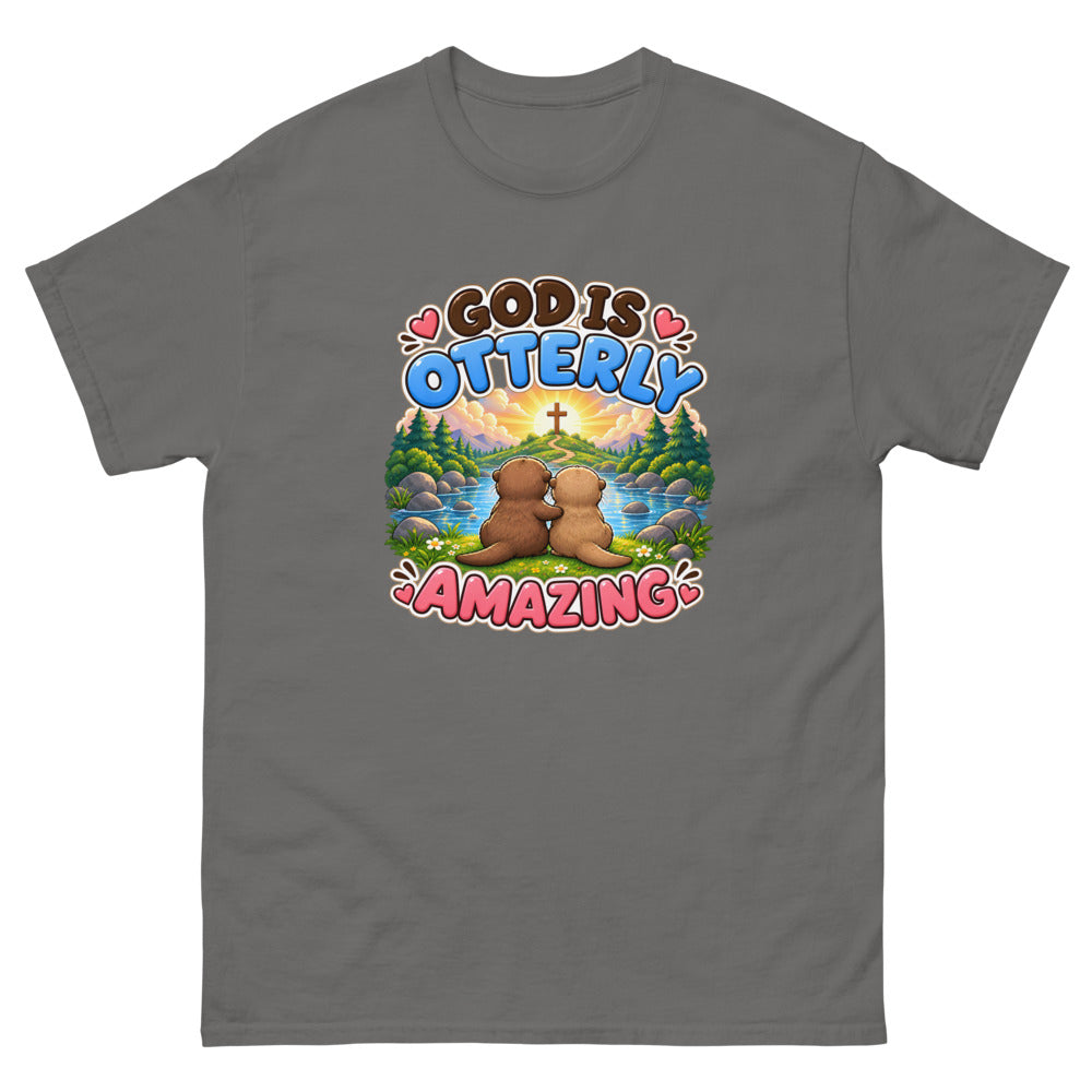Two otters watching a sunrise with a cross and the words God Is Otterly Amazing on a Charcoal shirt