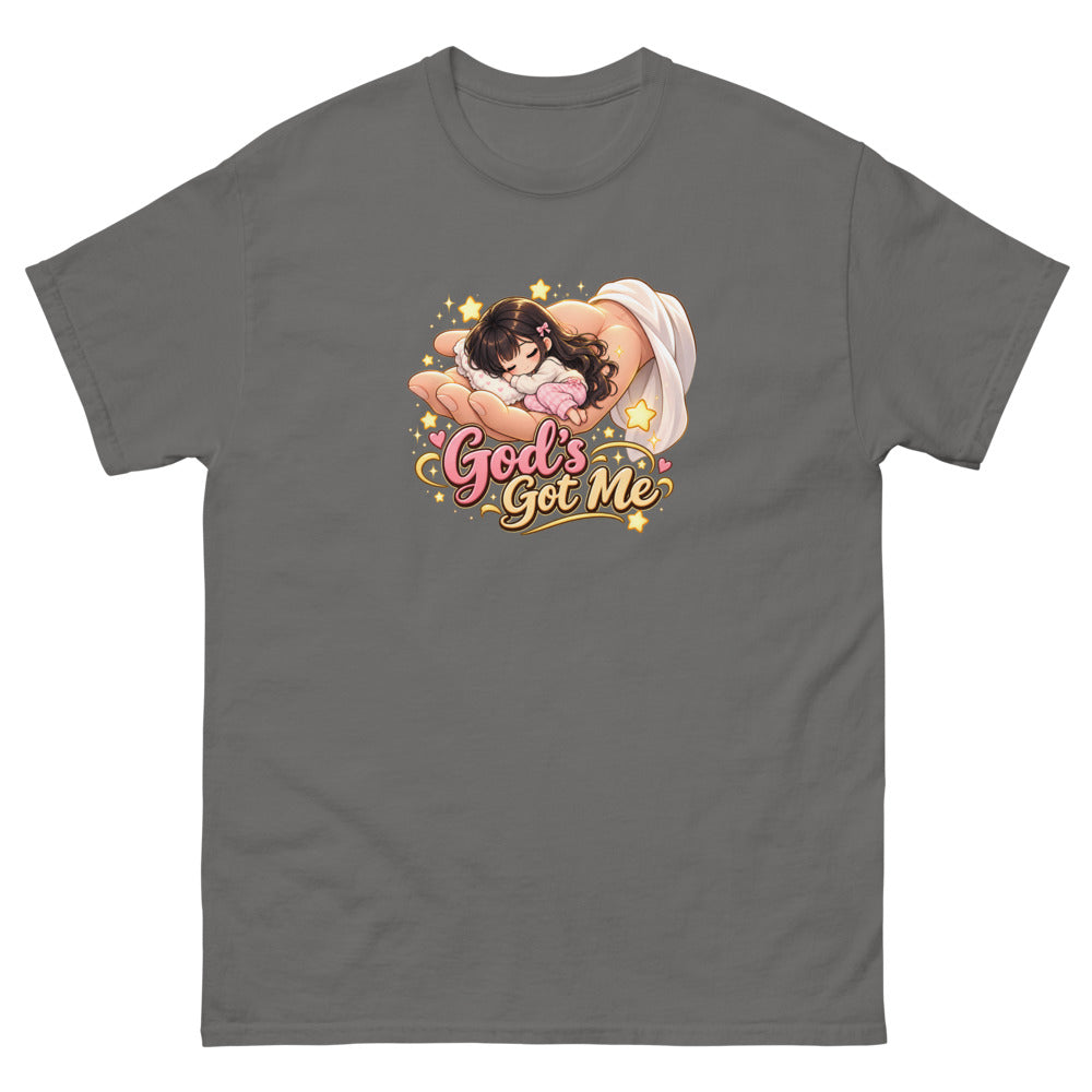 Chibi girl sleeping in the palm of God's hand with the words God's Got Me on a Charcoal shirt