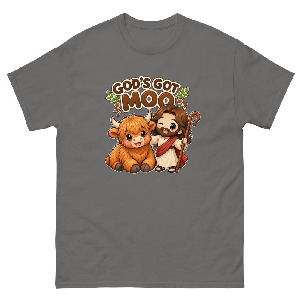 Cartoon highland cow with chibi Jesus and the words God's Got Moo on a Charcoal shirt