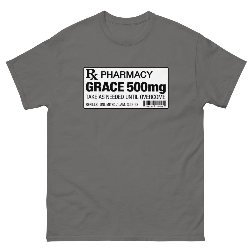 Pharmacy prescription label reading Grace 500mg, refills unlimited on a Charcoal shirt