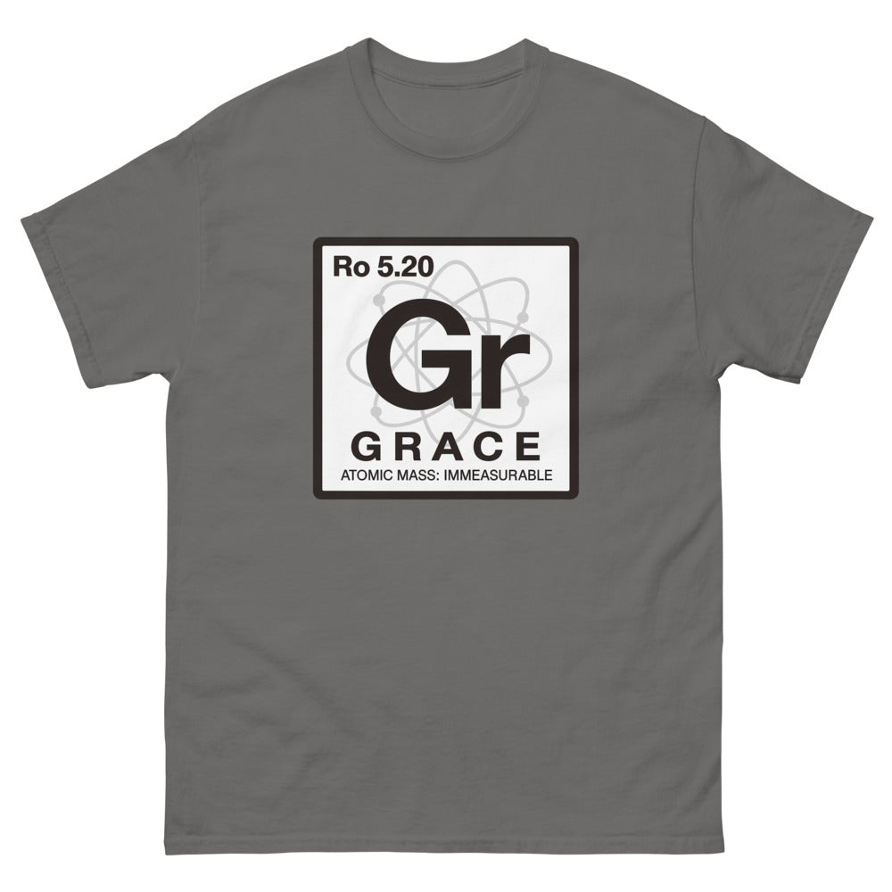 Periodic table tile reading Gr, Grace, atomic mass immeasurable on a Charcoal shirt