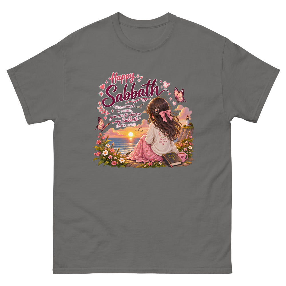 Chibi girl watching an ocean sunset with a Bible and the words Happy Sabbath on a Charcoal shirt