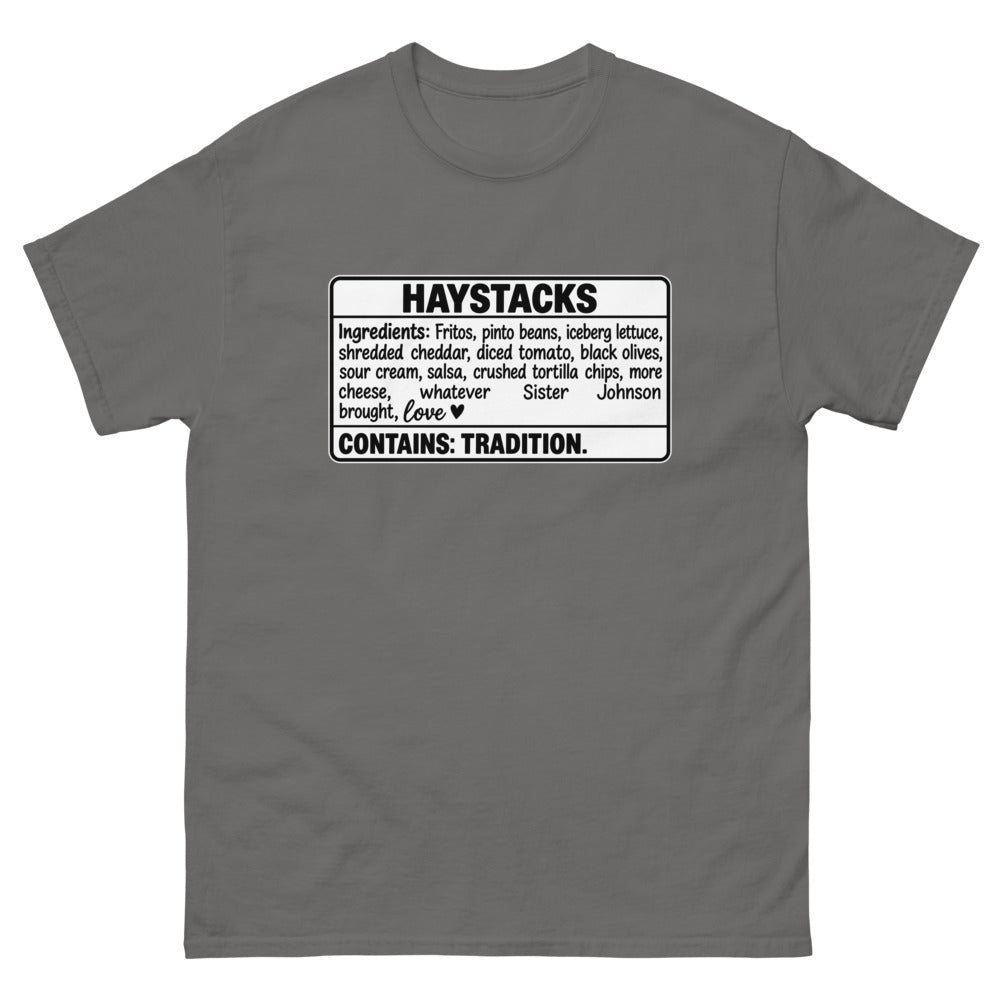 Ingredients label for haystacks ending with Contains: Tradition on a Charcoal shirt