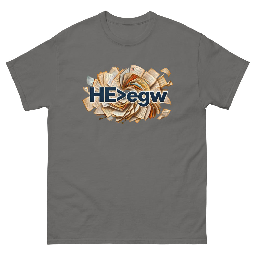 Spiral of open Bibles with navy lettering reading HE is greater than egw on a Charcoal shirt