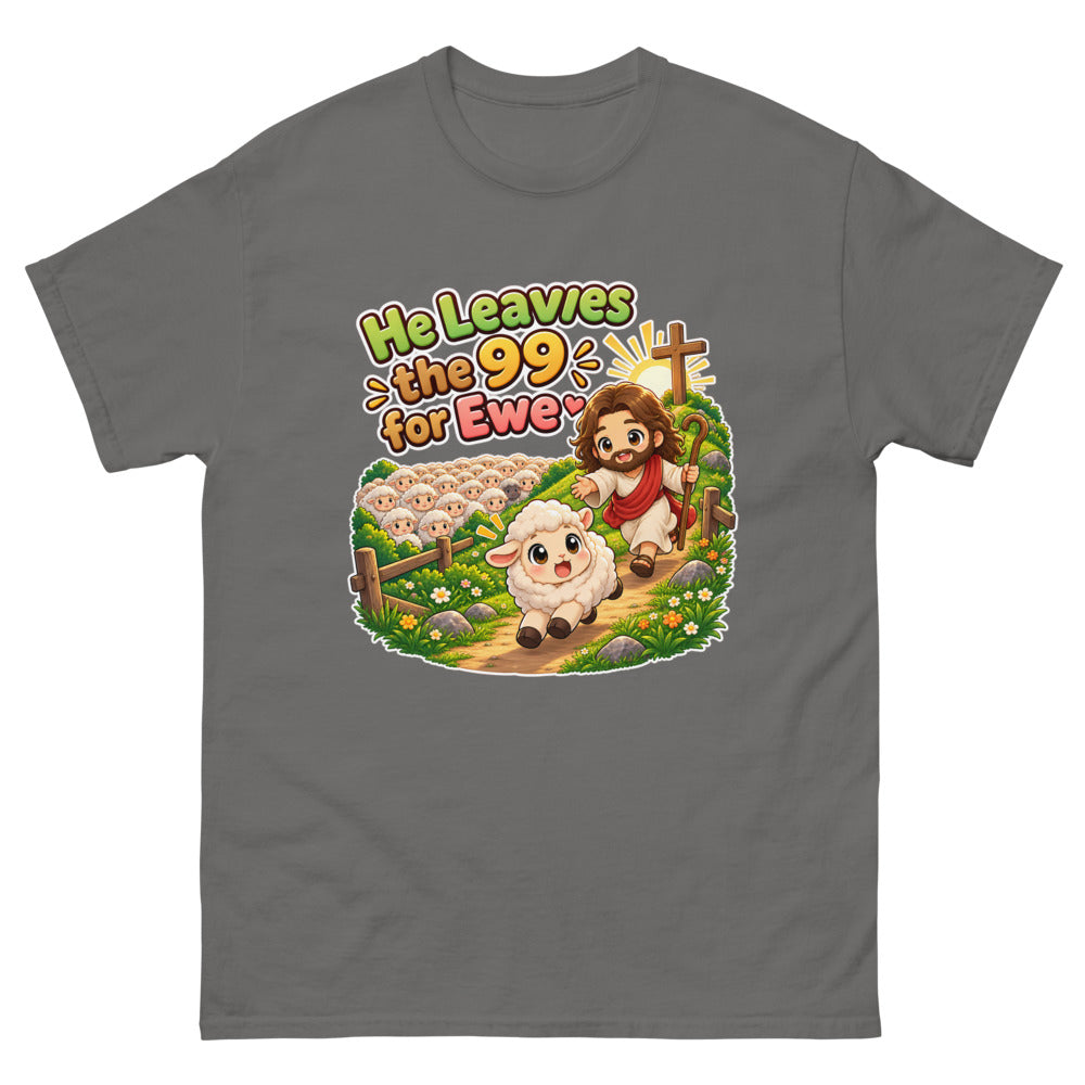 Chibi Jesus chasing one lamb away from the flock with the words He Leaves The 99 For Ewe on a Charcoal shirt