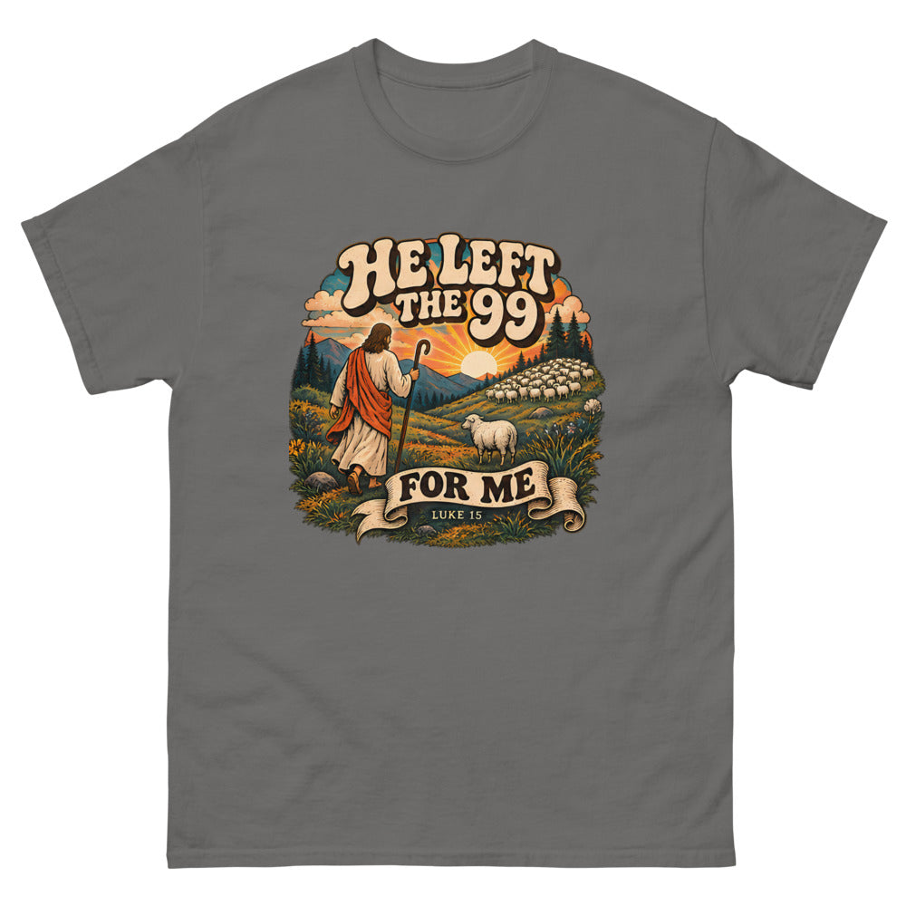 Retro hillside scene of a shepherd and one sheep reading He Left The 99 For Me on a Charcoal shirt
