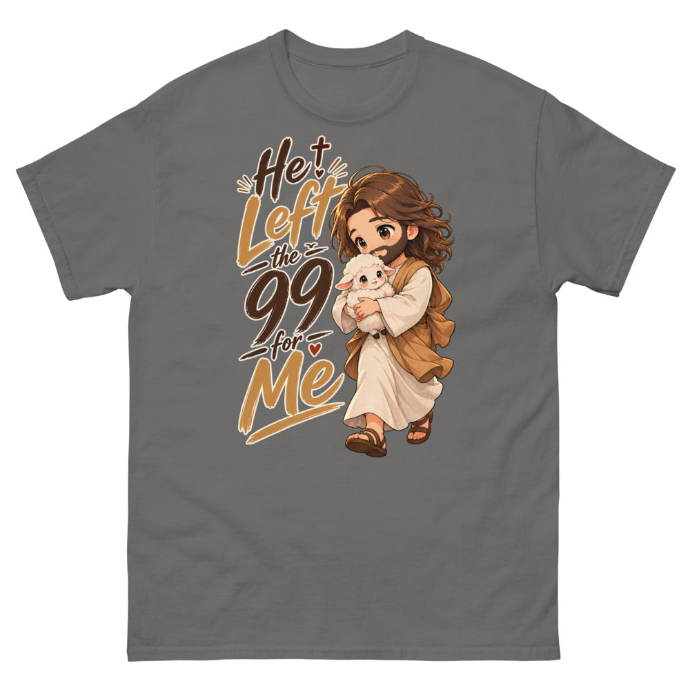 Chibi Jesus carrying a lamb with the words He Left The 99 For Me on a Charcoal shirt