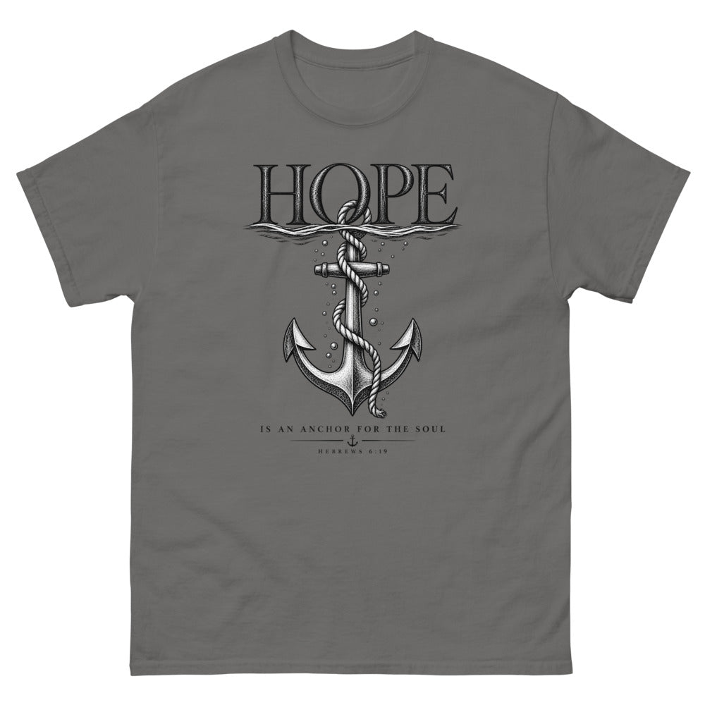 Engraved anchor below the waterline with the words Hope Is An Anchor For The Soul on a Charcoal shirt