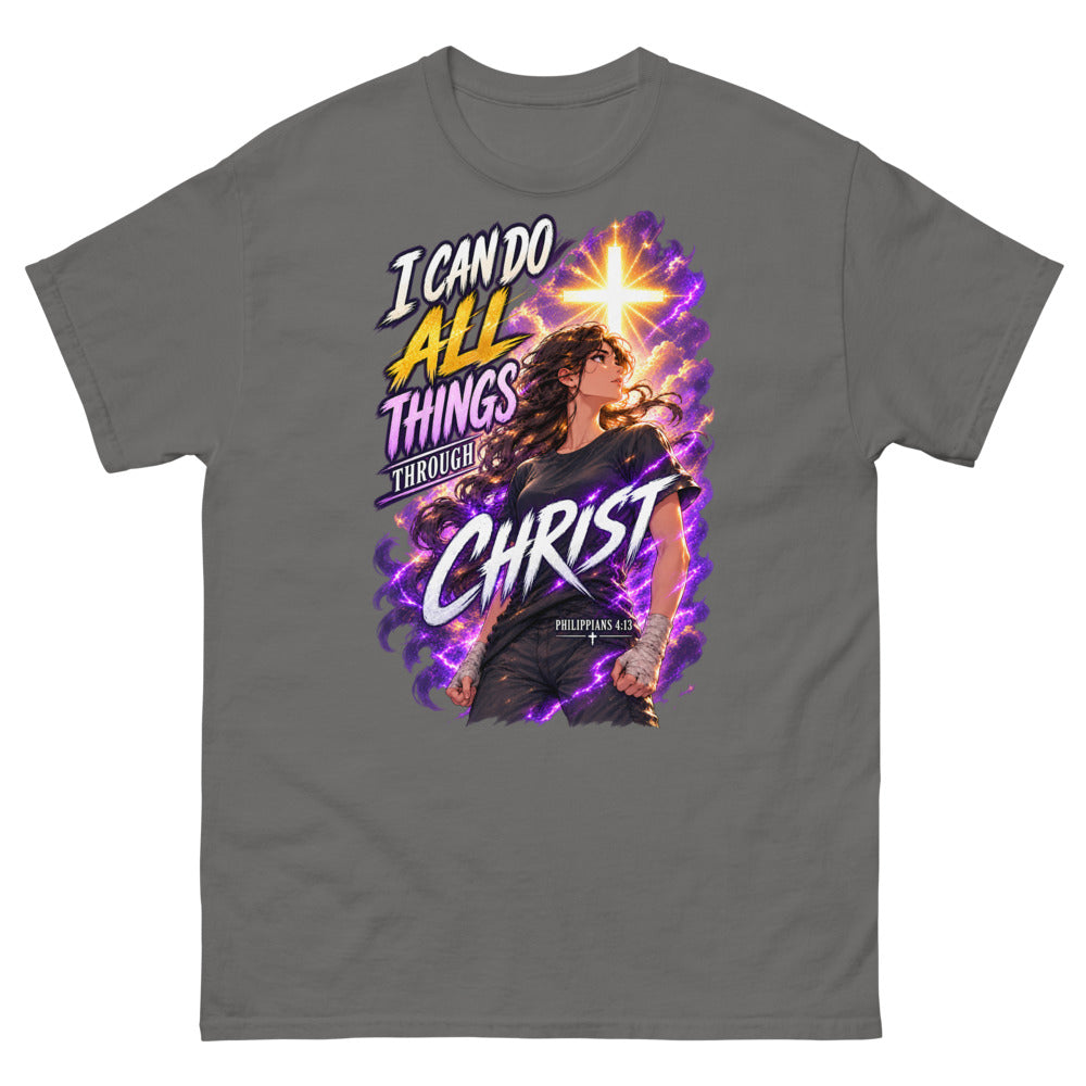 Anime woman under a glowing cross with the words I Can Do All Things Through Christ on a Charcoal shirt