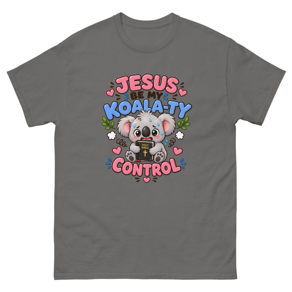 Cartoon koala holding a Bible with the words Jesus Be My Koala-ty Control on a Charcoal shirt