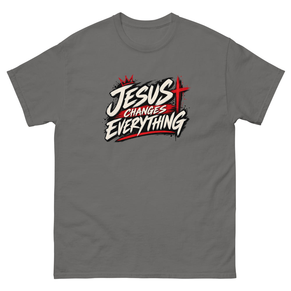 Brush script streetwear graphic with a crown and red cross reading Jesus Changes Everything on a Charcoal shirt