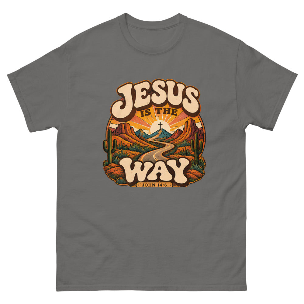 Retro groovy desert badge with a winding road to a cross reading Jesus Is The Way on a Charcoal shirt