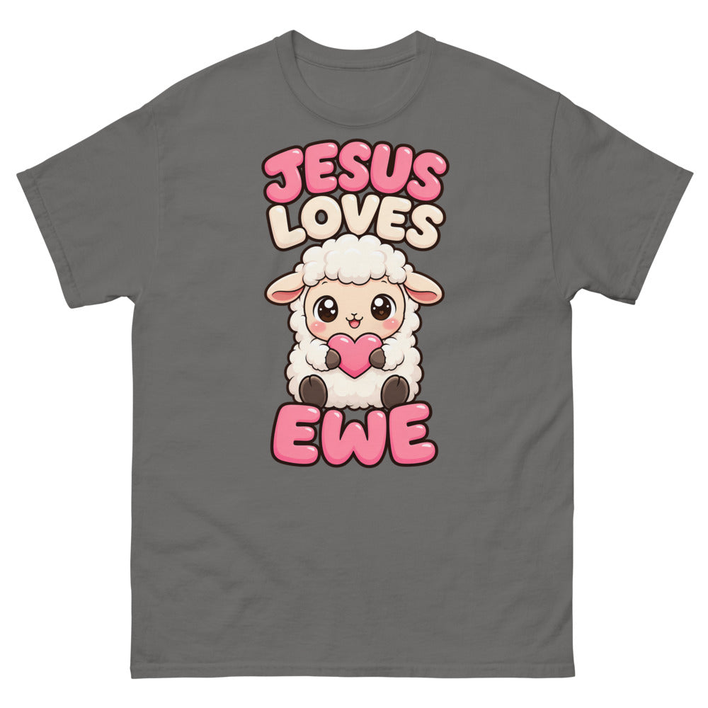 Cartoon lamb holding a heart with the words Jesus Loves Ewe on a Charcoal shirt