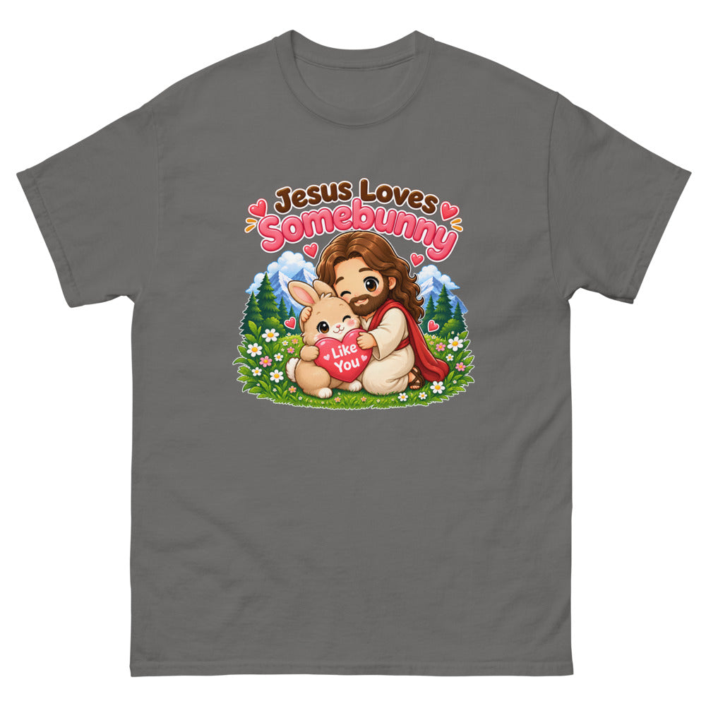 Chibi Jesus hugging a bunny holding a heart with the words Jesus Loves Somebunny on a Charcoal shirt