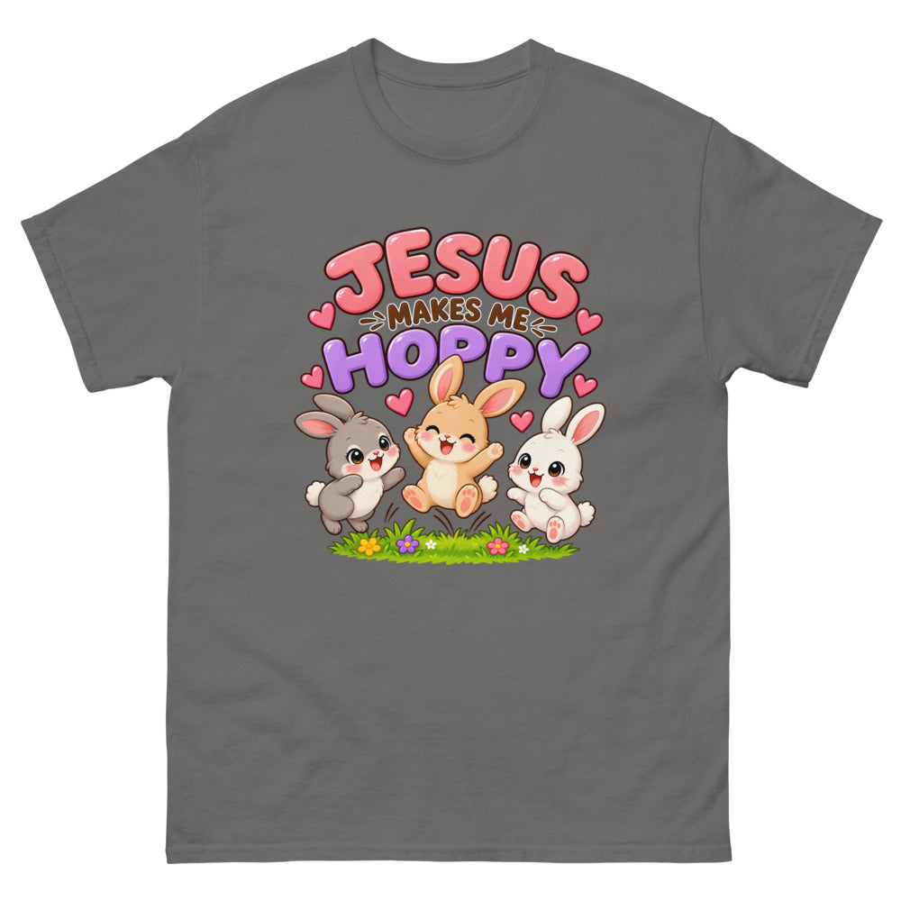 Three cartoon bunnies jumping with the words Jesus Makes Me Hoppy on a Charcoal shirt