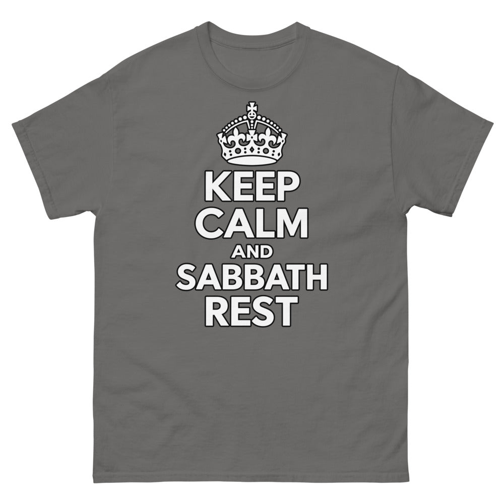 Crown above heavy caps reading Keep Calm And Sabbath Rest on a Charcoal shirt
