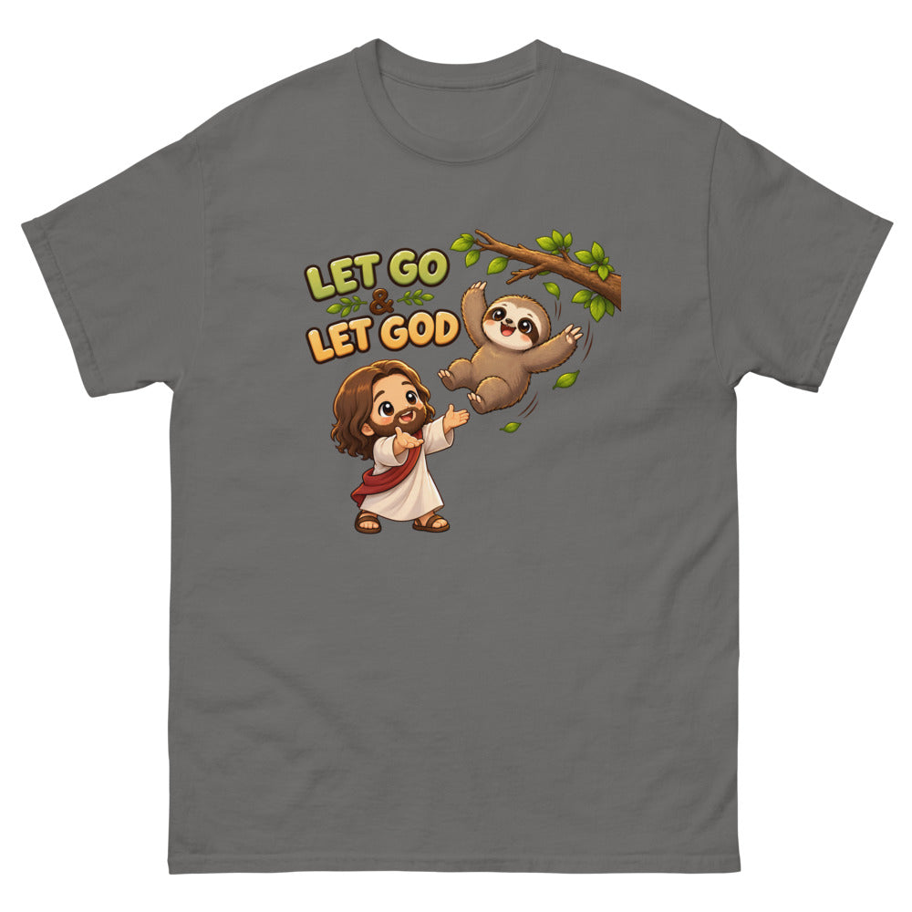 Cartoon sloth falling from a branch toward Jesus with the words Let Go And Let God on a Charcoal shirt