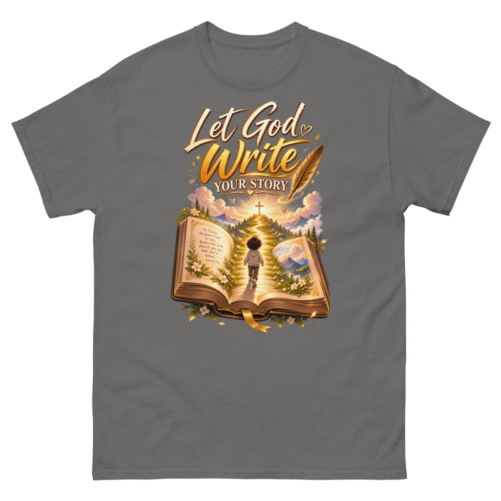 Open Bible with a child walking toward a cross and the words Let God Write Your Story on a Charcoal shirt