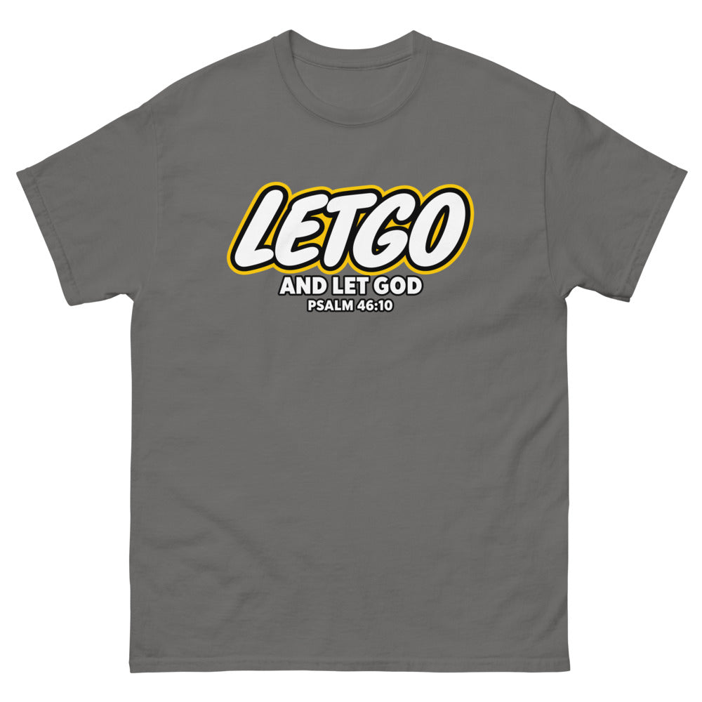 Toy brick logo parody reading Letgo and Let God, Psalm 46:10 on a Charcoal shirt