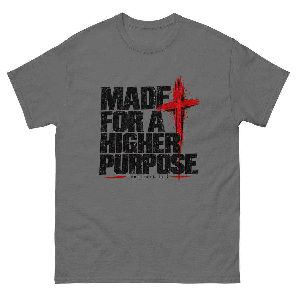 Heavy black caps with a red brush cross reading Made For A Higher Purpose on a Charcoal shirt
