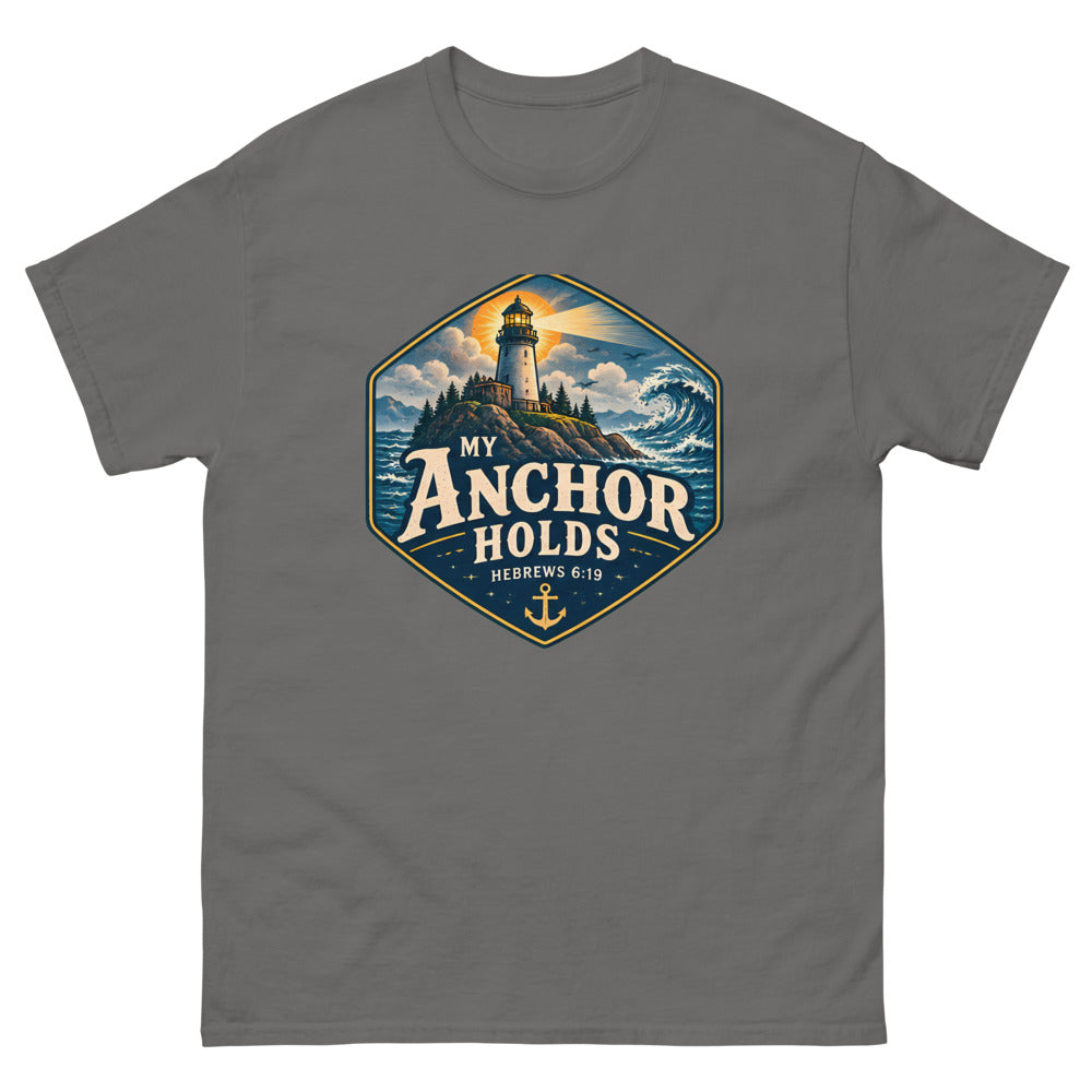 Navy hexagon badge with a lighthouse and wave reading My Anchor Holds on a Charcoal shirt