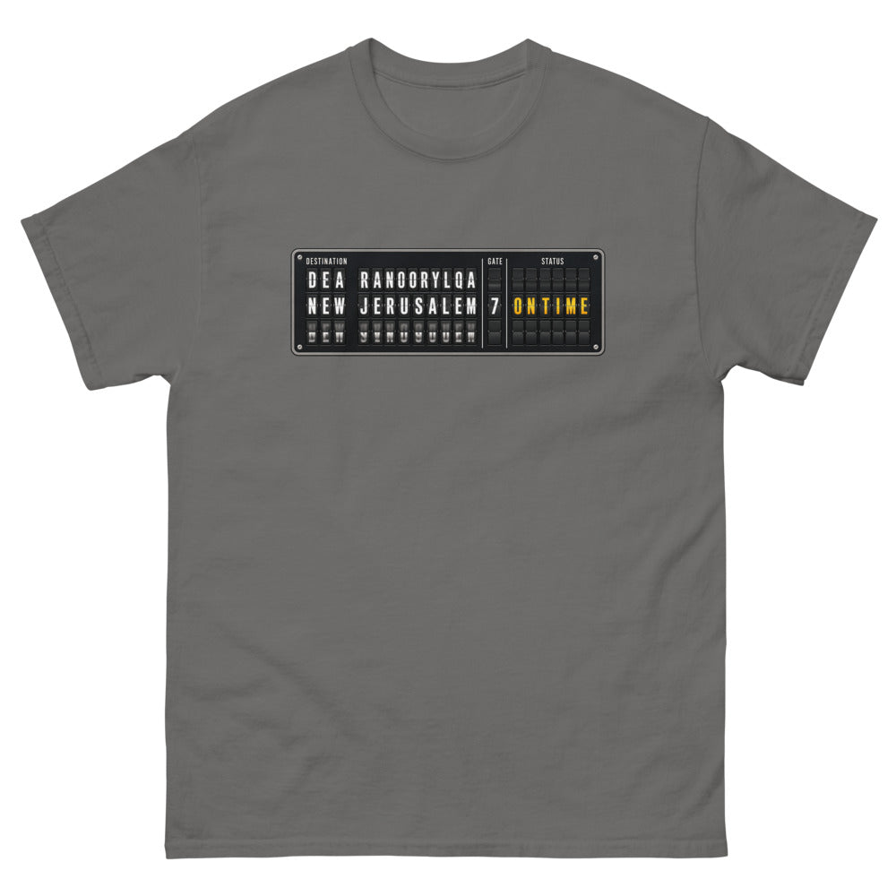 Split flap departure board reading New Jerusalem, gate 7, on time on a Charcoal shirt