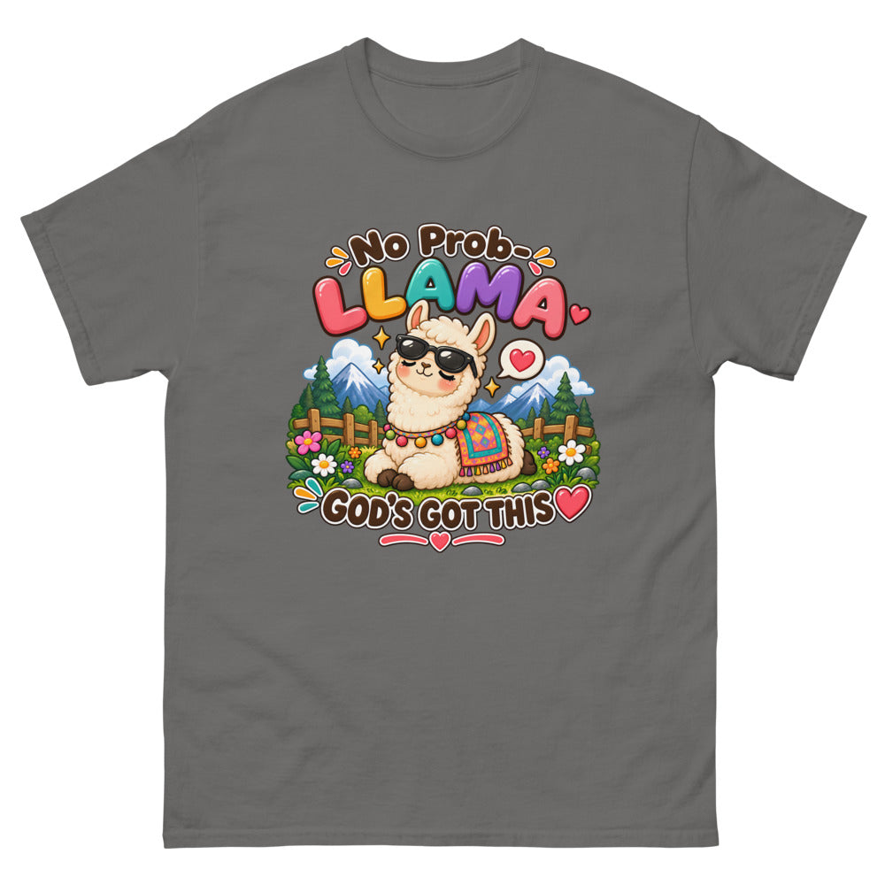 Cartoon llama in sunglasses with the words No Prob-Llama God's Got This on a Charcoal shirt