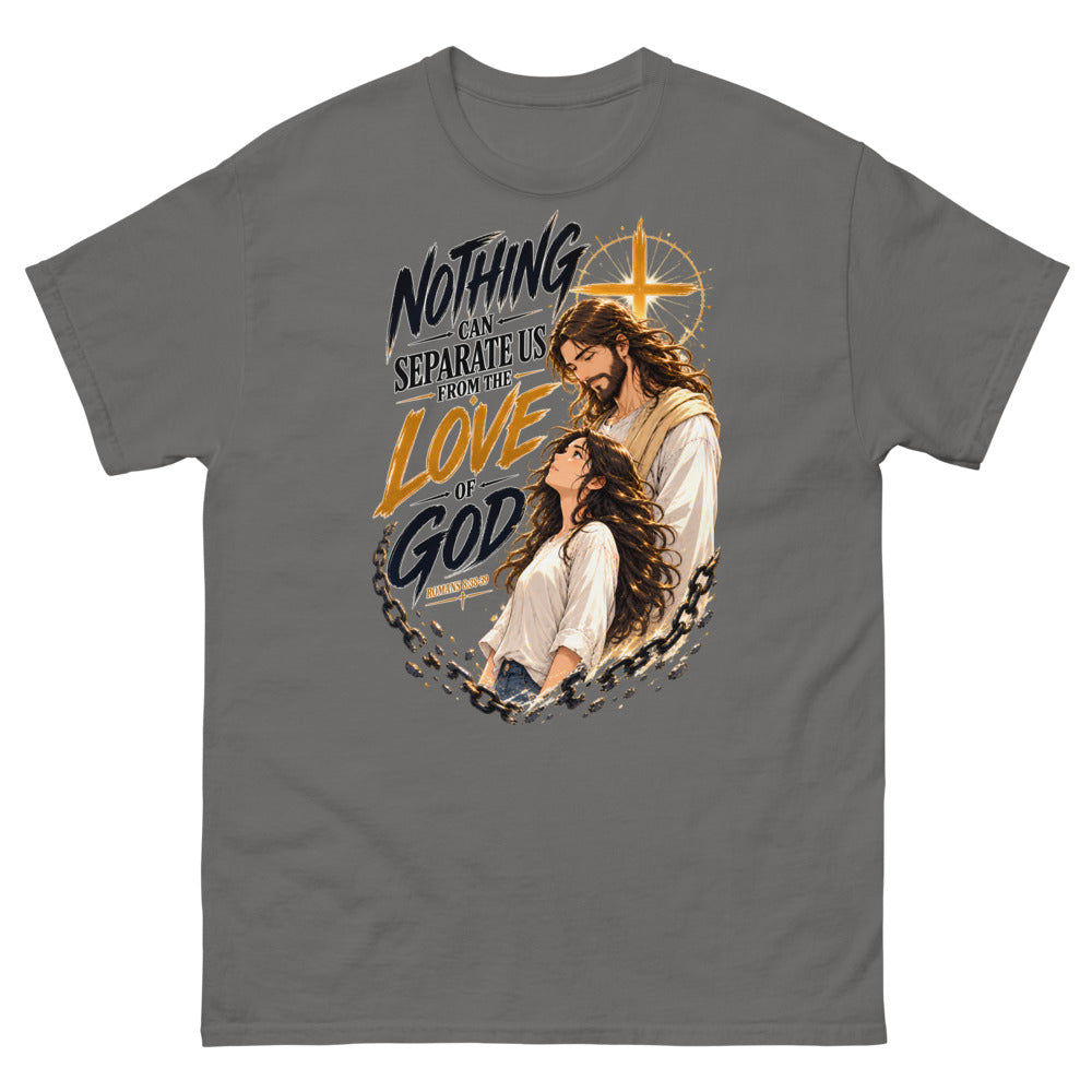 Anime illustration of Jesus and a young woman with broken chains and the words Nothing Can Separate Us From The Love Of God on a Charcoal shirt